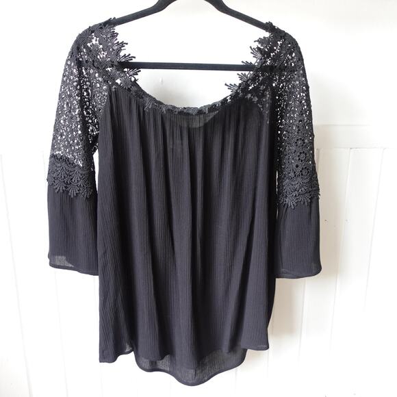Neiman Marcus Shirt Womens Large Black Lace Crochet Boho Peasant Top Whimsigoth - Picture 1 of 9